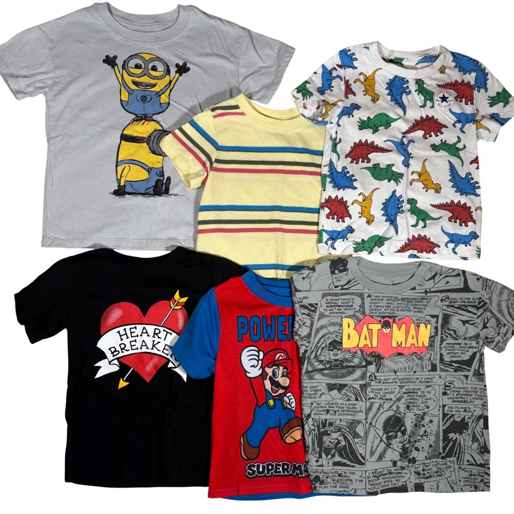 Boys Graphic TShirt Lot 6pc Super Mario Batman Minions Converse Dino Size 3 4 5T